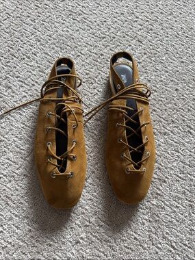 Zara Women's Suede Lace-Up Flats in Mustard Brown
